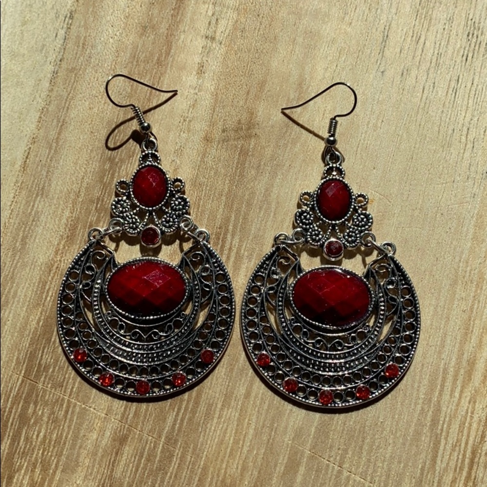 Bohemian red jewel and silver tone earrings